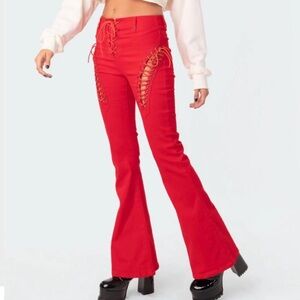 Edikted Red Lace-Up Flare Pants
